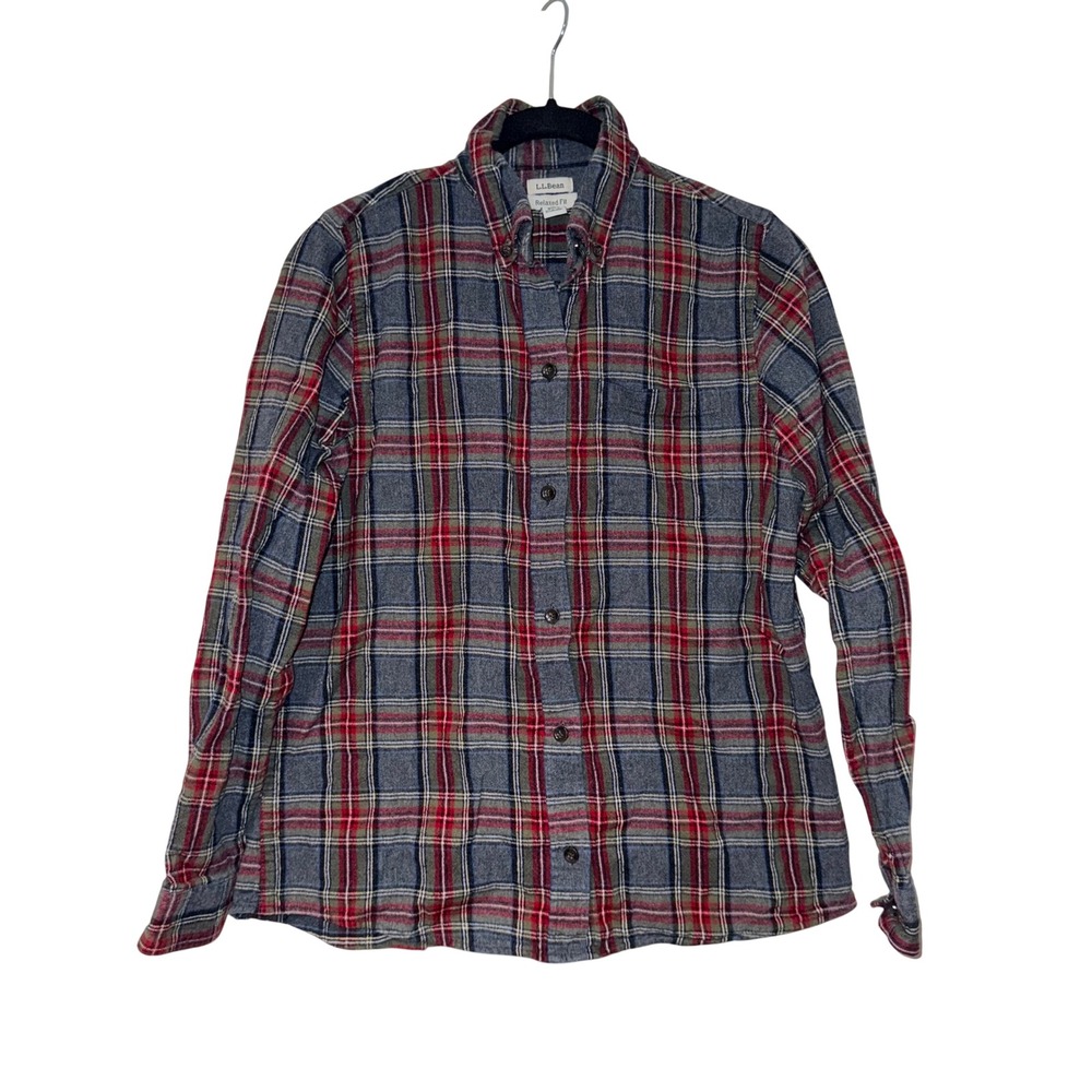 L.L. Bean Outdoorsy Flannel Button Down Mens XS Grey Red Green Cotton